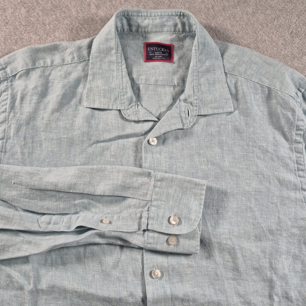 UNTUCKit Mens Large Slim Fit 100% Linen Long Sleeve Button Down Shirt Light Blue